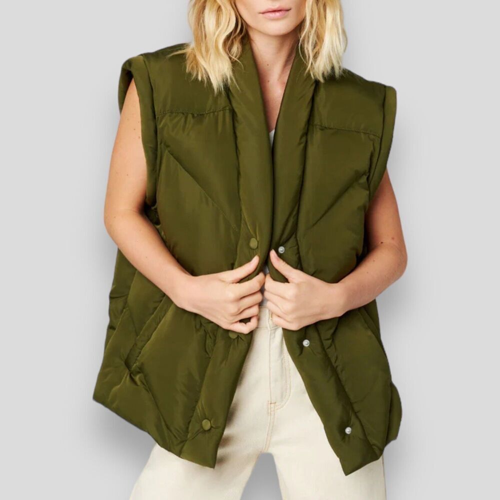 Blank NYC Vest Womens XS Green Quilted Snap Button Shawl V-neck Gorpcore Puffer - Picture 8 of 16